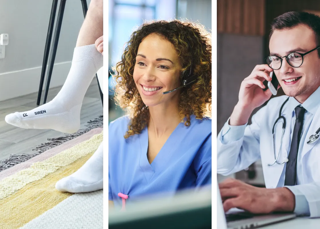 Left panel shows feet with white socks labeled REN SOCK, middle panel features a smiling woman in blue scrubs wearing a headset, right panel shows a male doctor with glasses and stethoscope talking on a phone.
